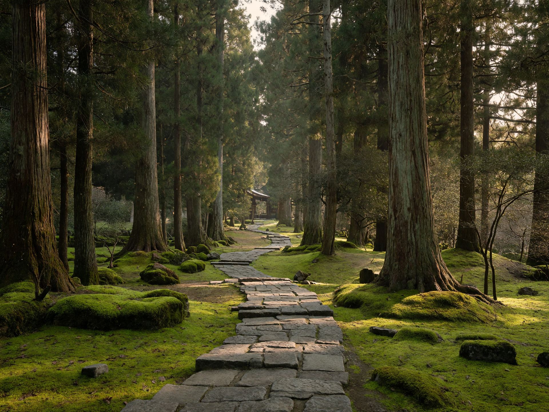 苔むした杉並木の参道